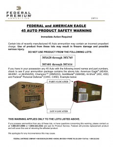 Federal and American Eagle .45 Auto Safety Warning and Ammunition Recall